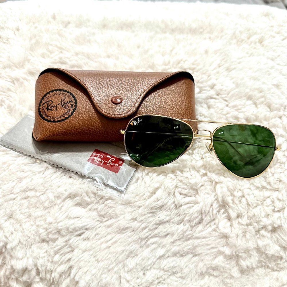 New RAY-BAN Large Metal Aviator Sunglasses Gold Frame Light Green Gradient Lens - Picture 5 of 11